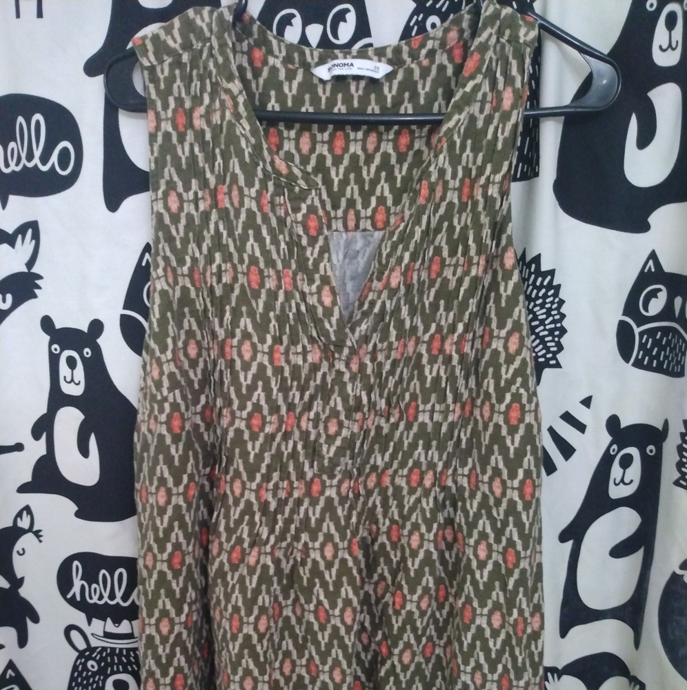 Olive and orange linen shift dress